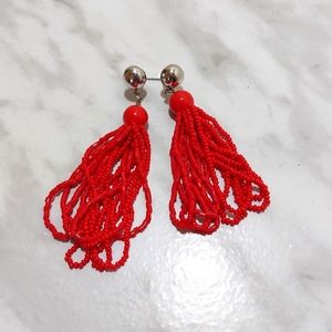 ❤️‍🔥 Vibrant Red Beaded Tasseled Statement Earrings
